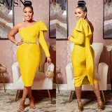 Fashion women dress Amazon women wear new diagonal collar single long sleeve bowknot ribbon dress