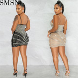 Casual Dress Amazon nightclubs hot rhinestone sexy see through wrapped chest midi dress