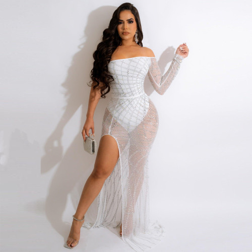 Plus size dress sexy hot rhinestone chest wrap see through side open slim mop dress