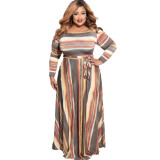 Plus Size Dress Amazon autumn and winter New striped print with belt stylish loose plus size women dress