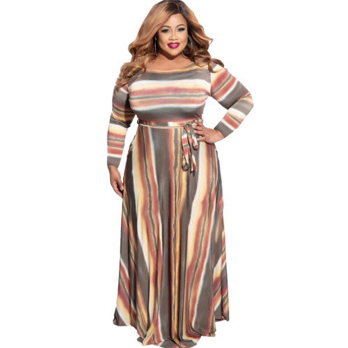 Plus Size Dress Amazon autumn and winter New striped print with belt stylish loose plus size women dress