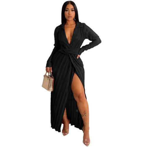 Plus Size Dress Europe and America sexy slit dress Amazon autumn and winter New V neck long sleeve pleated dress