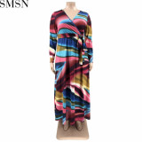 Plus Size Dress Amazon abstract printing with belt deep V neck fashion tight large size dress