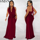 Plus Size Dress fashion V neck backless ribbon pleated solid color dress for women