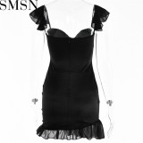 Fashion women dress Sexy Backless Lotus Leaf Skirt off Neck Low Cut Sling Dress Autumn New