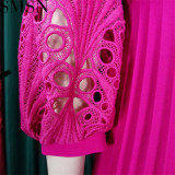 Plus Size Dress Puff Sleeve Lace Party Wear Belt Plus Size Autumn Women Pleated Dress