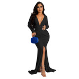 Plus Size Dre Amazon European and American fashion solid color and V neck long sleeve dress