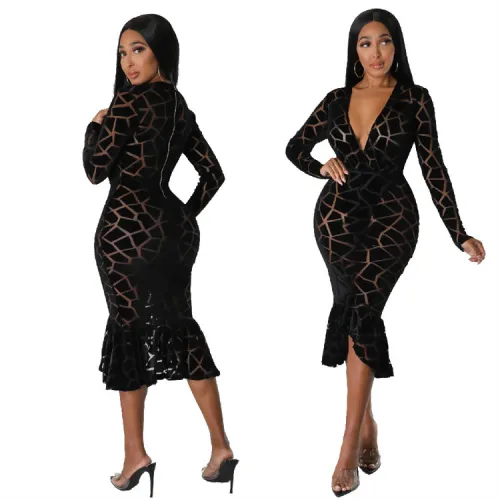 Trendy Ladies Formal Dress V Neck Sexy Cocktail Evening Fall Plus Size Womens Dresses
