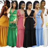 Plus size dress Amazon Quality Dress Sexy Deep V Lace up Wooden Ear Ruffled Vest Dress