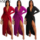 Plus Size Dress Europe and America sexy slit dress Amazon autumn and winter New V neck long sleeve pleated dress