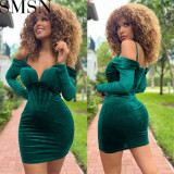 Plus Size Dress mesh long sleeve off the shoulder V neck velvet spaghetti straps dress for women