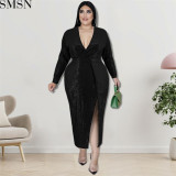 Plus Size Dress fall women clothing wholesale Velvet Bottom embroidered sequined dress