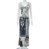 Printed Sleeveless Strap Wrapped Hip Long Dress