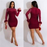 Fall women lady sheer mesh rhinestone dress feather party night club dress