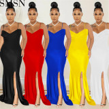 Plus Size Dress European and American fashion women wear suspender pleated wrapped chest solid color dress