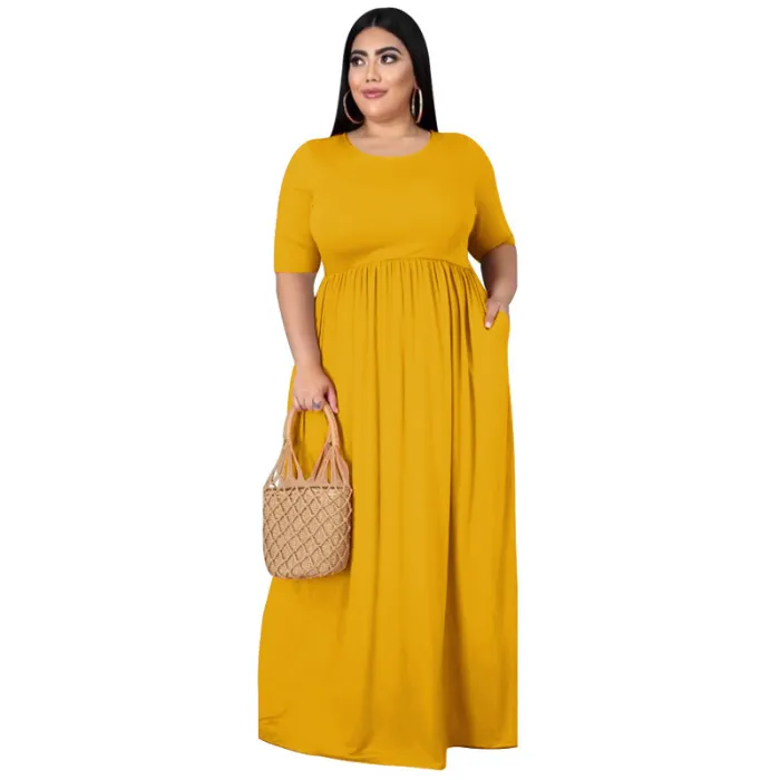 Fashion women dress solid color round neck loose casual plus size dress