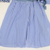 Fashion women dress striped digital printing patchwork stand up collar denim dress