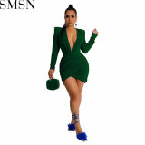 Plus Size Dress Amazon new autumn and winter V neck padded shoulder velvet cocktail party sexy dress