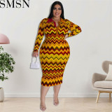 Plus Size Dress European and American long sleeve collar printed open tube fashion dress