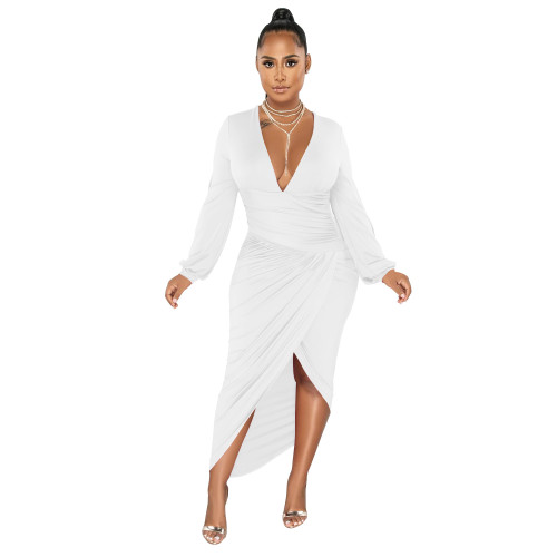 Plus Size Dress fashion solid color and V neck long sleeve dress pleated dress for women