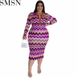 Plus Size Dress European and American long sleeve collar printed open tube fashion dress