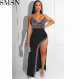 Fashion women dress Amazon new night club style rhinestone sexy strap irregular long dress