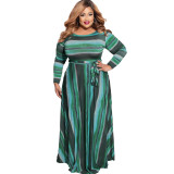 Plus Size Dress Amazon autumn and winter New striped print with belt stylish loose plus size women dress