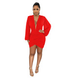 Women'S Solid Color Sexy V-Neck Long-Sleeved Pleated Dress