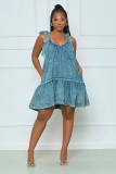 Women'S Solid Color Denim U-Neck Tie Dress