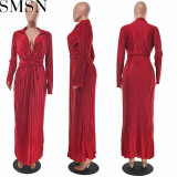 Plus Size Dress Europe and America sexy slit dress Amazon autumn and winter New V neck long sleeve pleated dress