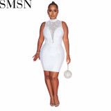 Plus Size Dress fashion women wear solid color rhinestone mesh see through sleeveless dress