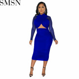 Plus Size Dress Amazon Fashion Women Mesh Long Sleeve Solid Color Wrapped Chest Navel Dress