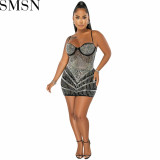 Casual Dress Amazon nightclubs hot rhinestone sexy see through wrapped chest midi dress
