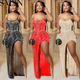 Casual Dress fashion solid color strap irregular rhinestone dress for women