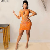 Sexy solid color women's clothing rhinestone mesh shoulder hollow dress plus size casual dress