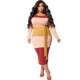 Plus Size Dress autumn new patchwork color with belt fashion tight large size women dress