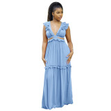 Plus size dress Amazon Quality Dress Sexy Deep V Lace up Wooden Ear Ruffled Vest Dress