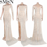 Plus size dress sexy hot rhinestone chest wrap see through side open slim mop dress
