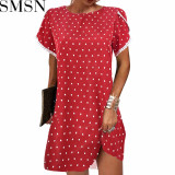 Casual Dress 2022 summer round neck short sleeve loose lace edge ladies floral dress