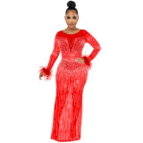Rhinestone mesh see through long dress women lady luxury formal party evening dress