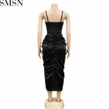 Evening Dresses 2022 Fashion solid color women sexy spaghetti straps chest wrap crimp split dress
