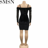 Plus Size Dress mesh long sleeve off the shoulder V neck velvet spaghetti straps dress for women