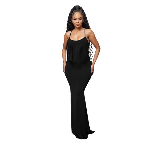 Casual Dress  European and American women sexy fashion halter neck tie halter fringed dress