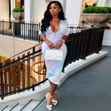Casual Dress digital stripes contrast color positioning printing skinny V neck button sexy dress