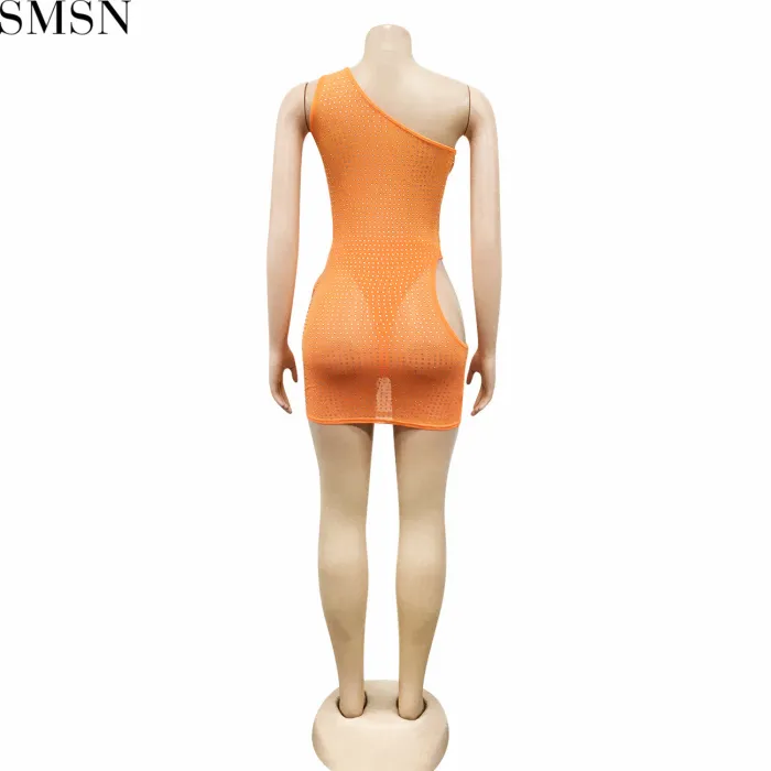 Sexy solid color women's clothing rhinestone mesh shoulder hollow dress plus size casual dress
