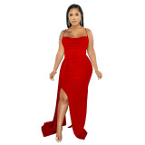 Plus Size Dress European and American sling solid color side drag side open dress for women