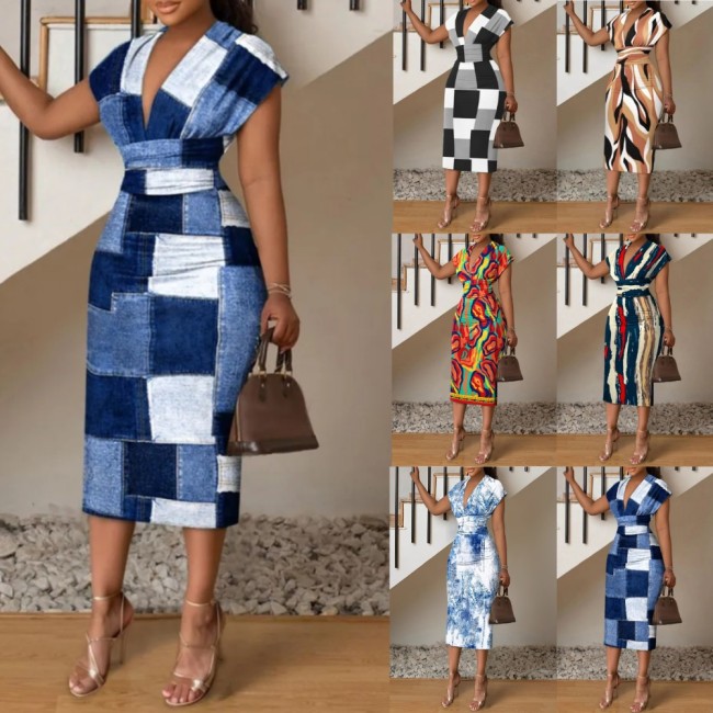 V-Neck Buttocks Wrapped Printed Dress For Women