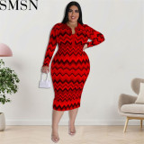 Plus Size Dress European and American long sleeve collar printed open tube fashion dress