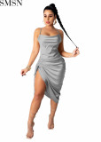 Plus Size Dress 2022 Amazon European and American Summer Solid Color Sexy Dress