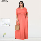 Fashion women dress solid color round neck loose casual plus size dress